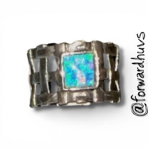 Sterling Silver Woven Band Ring with Square Synthetic Opal – Size 8